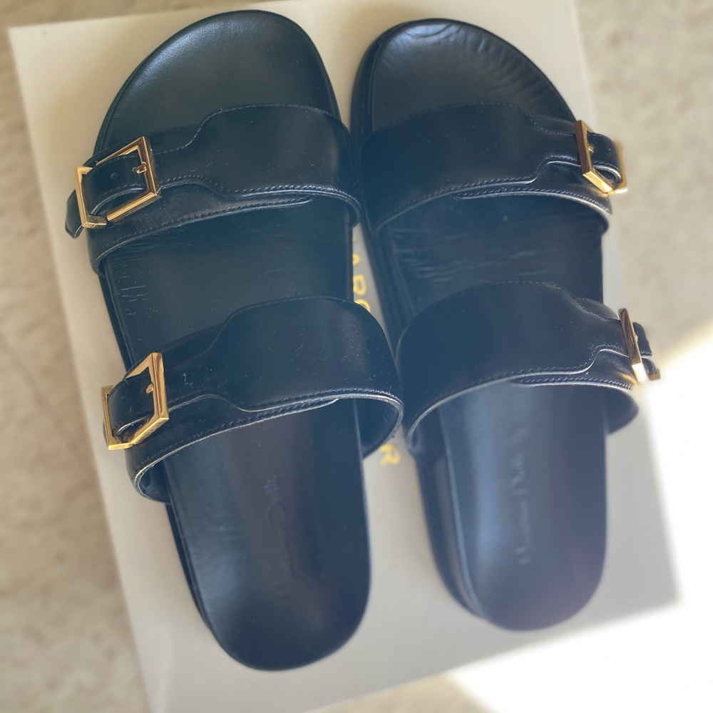 Massimo Dutti Black Leather Sandals Double-Strap Comfort with gold buckles